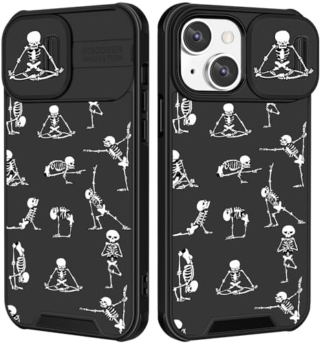 Goocrux (2in1 for iPhone 15 Case Skull Skeleton Women Girls Boys Goth Phone Cover Fun Gothic Cute Cool Spooky Black Funny Design with Slide Camera Cover+Ring Stand Holder for iPhone 15 Cases 6.1''