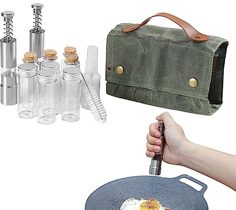 [Einfach zu kategorisieren] Das Camping-Gewürzset wird mit 9 integrierten Gewürzbehältern aus geliefert, darunter 4 Aluminiumflaschen, 4 Korkflaschen und 1 Gießkanne, sodass Sie die benötigten Gewürze