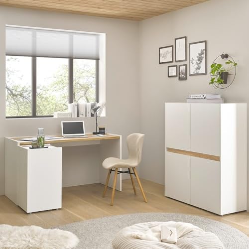 Lomadox Büromöbel Set weiß mit Eiche 3-teilig modern, 1 Schreibtisch, 1 Regal, 1 Highboard