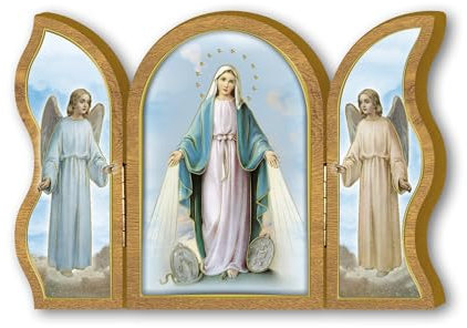 Fratelli Bonella Triptychon aus Holz der Wundertätigkeit mit Medaillen, 6 x 9 cm, hergestellt in Italien