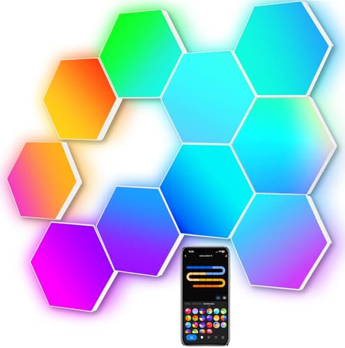 Large Hexagon LED Lights for Bedroom, Smart Home Gaming LED Wall Lights RGB-IC Gaming Room Decor Work with Alexa Google Assistant, Voice/App Control, Music Sync, DIY Modular LED Light Panels, 10 Pack