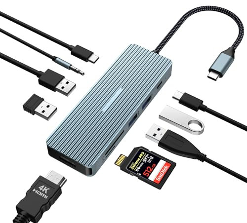 Station d'accueil USB C 10 en 1, Adaptateur USB C, Dongle avec HDMI 4K, Hub USB-C (PD 100W, USB 3.0, SD/TF, Audio 3,5 mm) pour Ordinateur Portable, Tablette, appareils de Type C