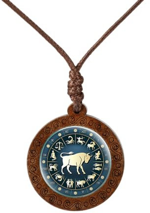 UOMSKTY Halskette Mit Sternzeichen-Anhänger – Halskette Mit Vintage-Anhänger Aus Glas Und Holz,Sternzeichen,Sternbild,Horoskop,Himmlische Astrologie,Schmuck Für Damen Und Herren,Stier,45 Cm