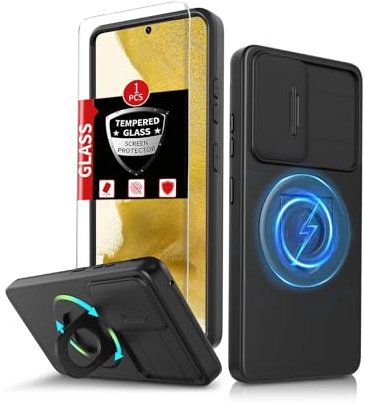 FRLMOOES für Samsung Galaxy S22 Plus Hülle kompatibel mit MagSafe Magnetisch Kabelloses Laden Schutzhülle S22+Plus Handyhülle mit Stück Panzerglas,S22Plus Hülle Ständer & Kameraschutz Stoßfest Schwarz