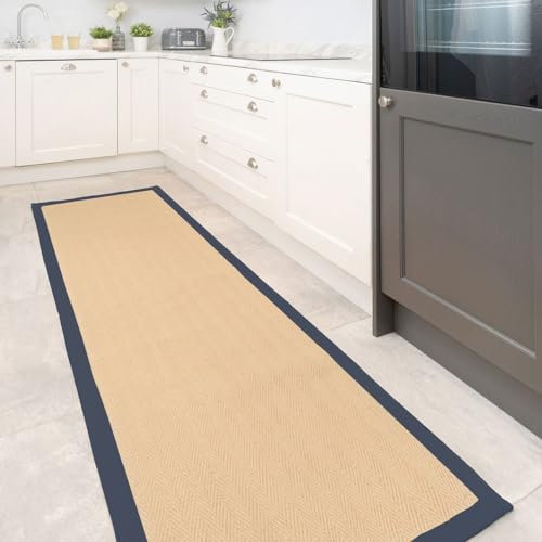 Natural Herringbone Navy Cotton Border Jute Runner Rug Soft Woven Non Slip Flatweave Mat Sisal Sustainable Living Room Entrance Hallway Kitchen Carpet Rugs 70cm x 240cm