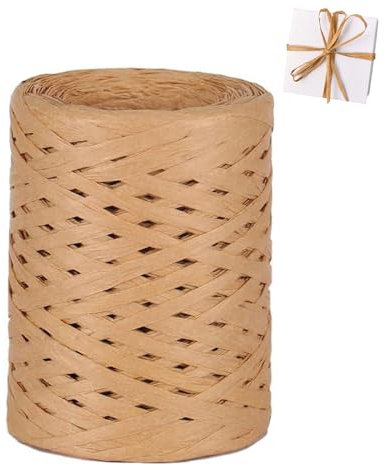 GOIEHIR Ficelle de Raphia, 200m Ruban en Papier Raphia, Ruban de Raphia Kraft pour Emballage de Cadeaux, Bouquets, Décorations, Café Clair