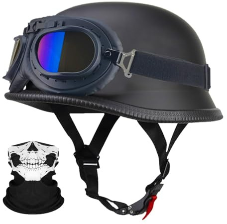 Deutsche Motorrad Jethelm ECE-Zertifizierung, Vintage Halbhelme Halbschalenhelm mit Schutzbrille Chopper Helm für Cruiser Street Scooter mit Schnellverschlussschnallen 22.4-25.2in