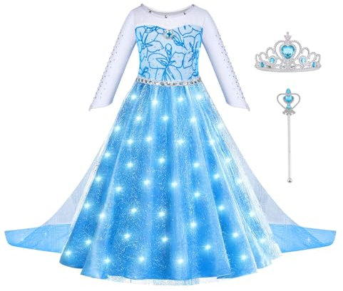 ACWOO LED Leuchtend Prinzessin Elsa Kleid, Elsa Kostüm Mädchen, Elsa Kleid Kinder Set mit Krone Zauberstab, Elsa Kostüm Accessoires für Weihnachten Verkleidung Karneval Halloween