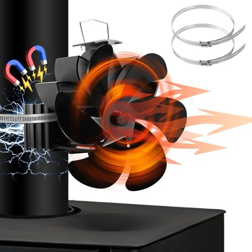 Herrselsam Kaminventilator 6-Blättern Magnetisch Ofenventilator ohne Strom Wärmebetriebener Kaminlüfter Stromloser Hitzebetrieben Kamin Ventilator Leiser Ofen mit 2pcs Ersatzteil Ring