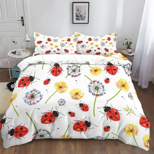 XCQHZYQ Bettwäsche 135x200 cm Cartoon Marienkäfer Löwenzahn Bettbezug Set für Kinder Jungen Mädchen Weich Atmungsaktiv Baumwolle Polyester Betten Set mit Reißverschluss