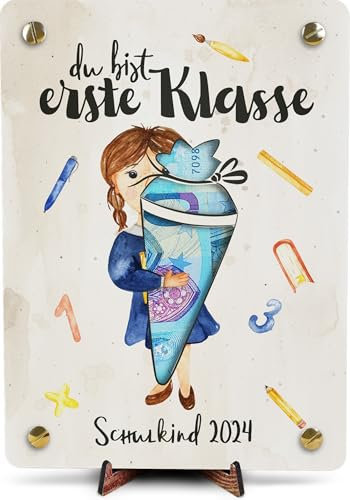Einschulung Mädchen - XL Geldgeschenk aus Holz inkl. Ständer | Erste Klasse Mädels - Einschulung Mädchen Deko, Schulkind Deko, Einschulung Geschenk, Geschenk Einschulung Mädchen