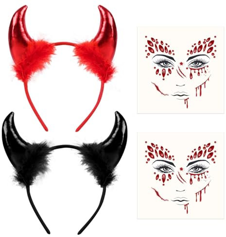 iZoeL 2Stk Haarreifen Teufelshörner Teufelsohren Teufel Tattoos Teufel Kostüm Accessoire, Damen Kinder Faschingkostüme Karneval Mottoparty Halloween Kostüm
