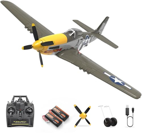 HAWK'S WORK Avion RC P-51D Mustang 500mm, Oiseau de Guerre Télécommandé 4 Canaux RTF, Moteur sans Balais Gyro 6 Axes 3 Modes de Vol, Facile à Piloter pour Débutants Garçons & Adultes