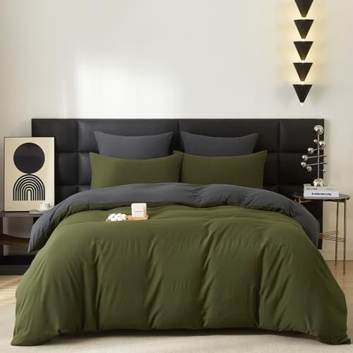 Gezu Baumwolle Bettwäsche Grün Olivgrün Grau 200x200cm 3 Teilig Baumwolle Atmungsaktiv Weich Fein Bettwäsche Set Wende Bettwäsche Bettbezug 200 x 200 cm und Kissenbezug 80 x 80 cm mit Reissverschluss