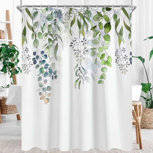 Lerores Duschvorhang 80x180cm, Grün Blätter Antischimmel Textil, Beschwerter Saum Wasserabweisend, Waschbar Polyester Stoff Badevorhänge mit Ösen und 6 Duschvorhangringe für Badezimmer, Badewanne