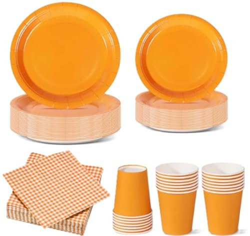 Set Stoviglie Carta Monouso Arancione 112 pezzi, festa di compleanno, kit per 24 ospiti