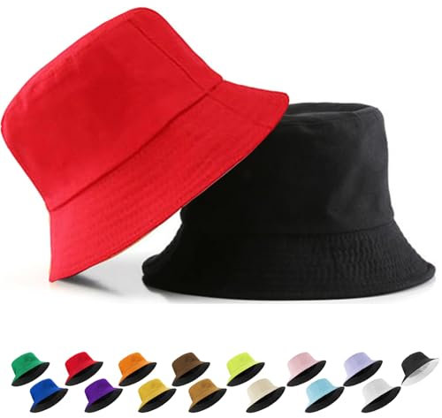 YOUYIKE Doppelseitiger Fischerhut aus 100% Baumwolle – Doppelseitiger Bucket hat für Damen & Herren – Sonnenschutz mit großem Rand – Sommer Freizeithut für Strand, Reisen & Outdoor - Rot