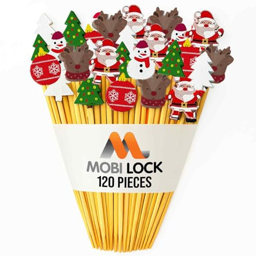 120Pcs Christmas Cocktail Picks - Festive Picks for Appetizers & Drinks | 12cm/4.72in, 5 designs: Santa, baubles, snowmen, reindeer & trees, for cupcakes & platters