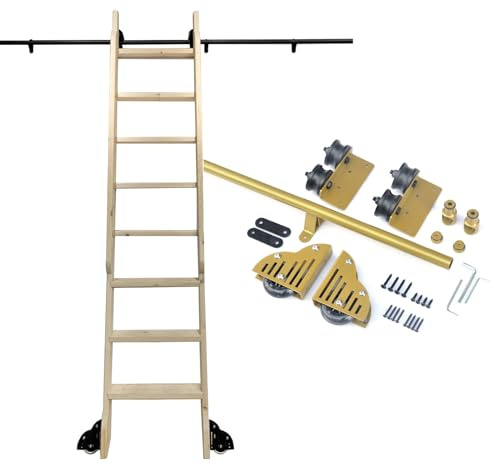 Schiebeleiter-Hardware-Kit für Bibliotheken, goldenes Rollleiterschienen-Kit, Gleitrollensystem 100–732 cm Mobile Stahlleiterschiene, für Lofttreppen/Bücherregale(100cm Gleisbausatz)