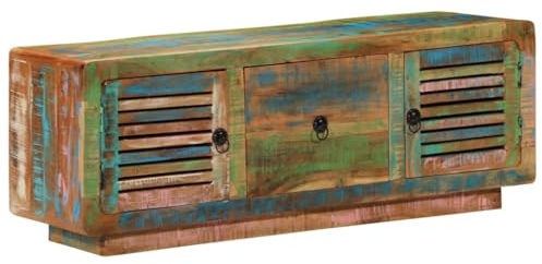 HETFTJN TV-Schrank Lowboard 110x30x40 cm Massiv Altholz Vintage TV Board mit 2 Türen & Schublade Stabiler Fernsehtisch für Wohnzimmer