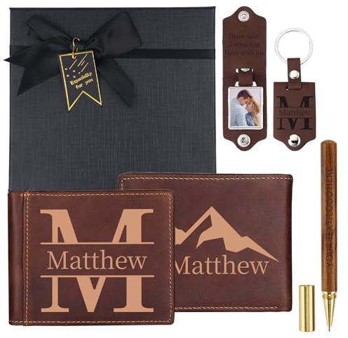 NGTSFLY Portmonee Herren Personalisiert,Personalisierte Geschenke Set Geldbörse Herren mit Namen Foto Schlüsselanhänger Stift,Geschenke Zum Jahrestag für Männer (Personalisiertes Geldbörsen-Set)