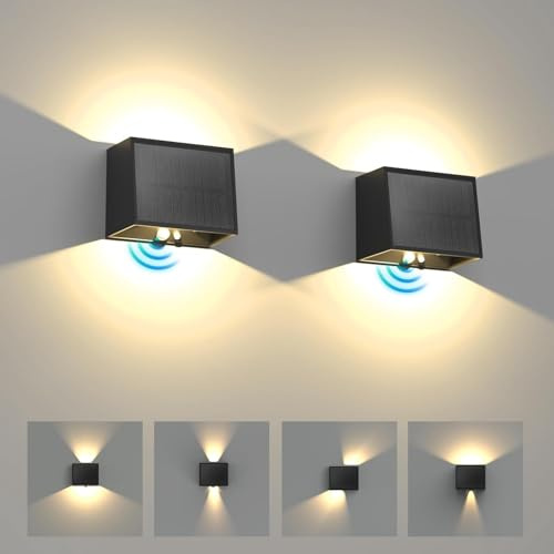T-SUN Solar Wandleuchte Aussen mit Bewegungsmelder, 3000K LED Solarlampen für Außen, IP65 Wasserdicht solar Wandlampe, 3 Modi, Auf und ab Einstellbarer Lichtstrahl, für Garten Zaun Balkon (2 Stück)