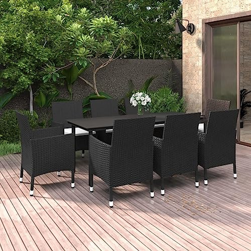 Ziaphsol Juego de 9 muebles de jardín de ratán negro, mesa de cristal de 200 x 100 cm, cojines de color blanco crema, muebles de exterior con 8 sillas, resistente a la intemperie, para balcón y jardín