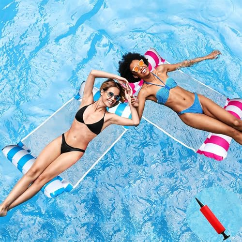 Materassino Gonfiabile Mare e Piscina 2 Pezzi – 4-in-1 Amaca Galleggiante con Pompa Manuale Inclusa – Blu e Rosa – Letto Gonfiabile Portatile per Piscina e Spiaggia