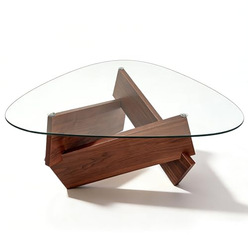 DazzlingZLL Pequeña mesa de centro de 90 cm, moderna mesa de salón con cristal templado triangular y patas de madera, mesa auxiliar de cristal para salón, balcón, oficina, salón (nogal, transparente)