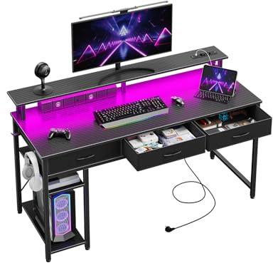 Seventable Schreibtisch mit Schubladen, Computertisch mit Steckdosen & LED, Gaming Tisch mit Monitorständer, Regal & 2 Haken, Gaming Schreibtisch für Büro, Wohnzimmer (Schwarz, 100 cm)