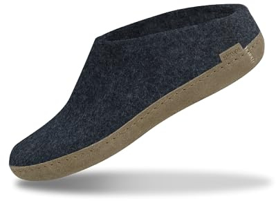 Glerups Slip On Slippers Women and Men (Size 11) | Blue Unisex Slip-on Wool Slippers with Leather Sole | Comfy Slippers Women Men | Cosy Gents and Ladies Slippers