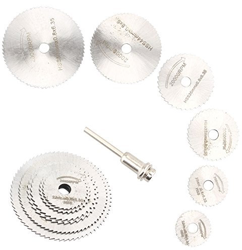 HALJIA 7pcs HSS Mandrel Saw Blade Circular Wood Cutting Discs for Dremel Rotary Tool Cutoff Cutter with 1 Extension Rod Wheel 22 25 32 35 44 50mm for Timber Plastic Fiberglass Copper Aluminum