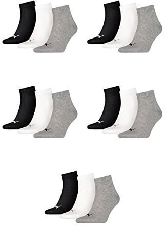 PUMA unisex Quarter Sportsocken Kurzsocken Socken 271080001 15 Paar, Farbe:Mehrfarbig, Menge:15 Paar (5x 3er Pack), Größe:43-46, Artikel:-882 grey/white/black