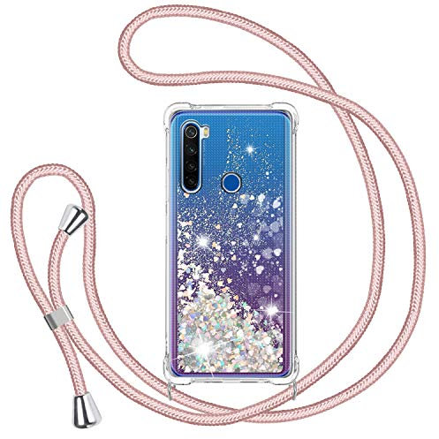 TUUT Handyband für Xiaomi Redmi Note 8 2019&2021 Hülle mit Band, Glitzer Treibsand Handyhülle mit Kordel zum Umhängen Transparent Stoßfest Schutzhülle mit Kette Schnur, Quicksand Case in Roségold