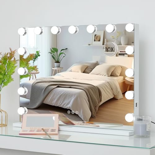 OUO Hollywood-Spiegelleuchten für Schminktisch, beleuchteter Kosmetikspiegel mit 15 dimmbaren LED-Lampen, Kosmetikspiegel mit USB-Anschluss, Tisch- oder Wandmontage, 58 x 46 cm