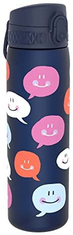 ION8 Water Bottle, 500ml/18oz, Slim Leak-proof & BPA-Free Drinking Bottle, Secure Lock Prevents Spills, Dishwasher Safe, Carry Handle, Ideal for Adults & Kids - Travel, School, Navy Blue, Text Message