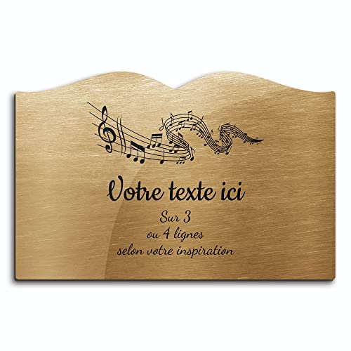 Placa grabada funeraria patrón alcance musical con notas adhesivas modelo libro (20x13 cm) personalizada 1-3 líneas oro cepillado
