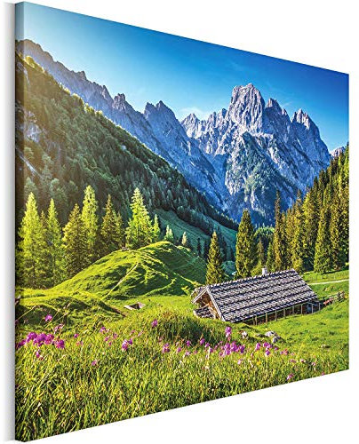 REVOLIO 120x80 cm Leinwandbild Wandbilder Wohnzimmer Modern Kunstdruck Design Wanddekoration Deko Bild auf Leinwand Bilder 1 Teilig - Berge Alpen Hütte Berghütte grün blau