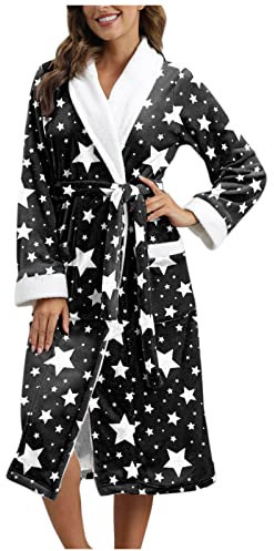 Generic - Accappatoio da donna in pile nero, morbido e caldo, con cappuccio, senza cappuccio, lungo, con cintura, per abbigliamento da notte, donna, M