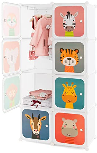 GYMAX Cartoon Clothes Closet, Portable Kids Wardrobe with Hanging Section, Children Storage Unit for Bedroom Nursery (White, 8 Cubes Animal: 75 x 37 x 145cm)