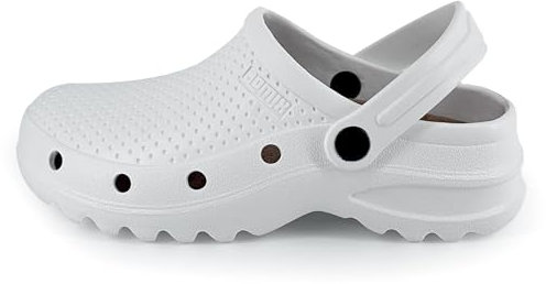 JOMIX Zuecos Sanitarios Mujer Hombre Trabajo Hospital Zapatillas Hombre Mujer Jardín Cocina Ligeros Zuecos Unisexo Hogar Goma Eva Fabricadas en Europa, Blanco, 42-43 EU