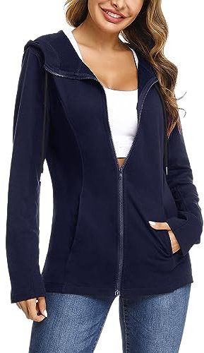 Aottori Felpa Donna con Cappuccio e Zip Giacca Sportiva Leggero Hoodie Cotone Manica Lunga Sweatshirt Aperto con Tasche e Cerniera Felpe Casual Classico Primavera Autunno Blu Navy XL