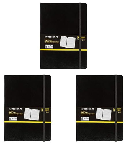Idena 209281 - Notizbuch DIN A5, kariert, Papier cremefarben, 192 Seiten, 80 g/m², Hardcover in schwarz, 1 Stück (Packung mit 3)