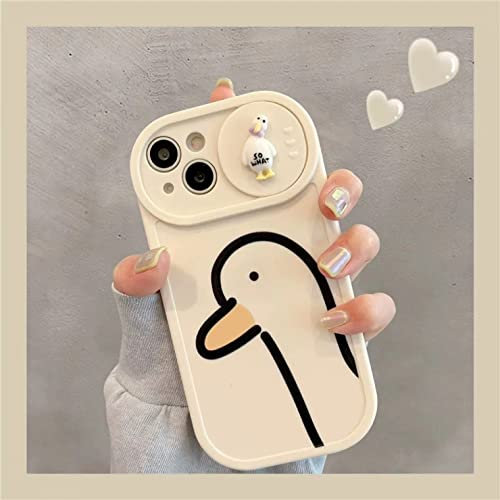 JiuWang Handyhülle für iPhone 14 mit Schiebbarem Kameraschutz | 3D Süße Ente & Druckmuster | TPU Weichschale Stoßfest | Niedliches Kawaii Design (Beige)