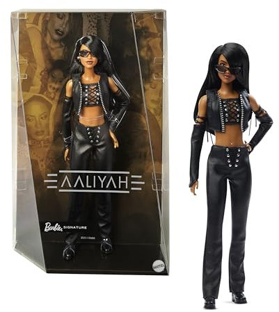 Barbie Signature Puppe, Aaliyah Sammelfigur im schwarzen Kunstleder-Outfit, inspiriert vom Musikvideo zu One in a Million, HRM80