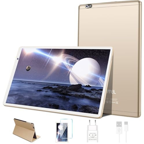 FACETEL Tablet 10 Pulgadas Android Tablet Octa-Core RAM + ROM (Memoria Escalable), WiFi, 8000mAh, 5MP + 8MP, Pantalla HD IPS, Bluetooth, Widevine L1, Tablets con Funda - Cuerpo de Metal Oro