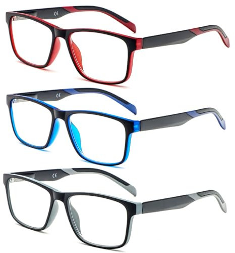MMOWW 3-Pack Lesebrille für Damen und Herren Blaulicht-Blockierbrille Computerbrille Mode Bequeme Brille mit Federscharnieren (Grau+blau+rot, +1.5)