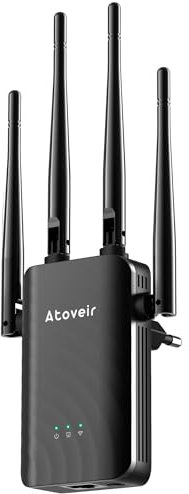 Atoveir Ripetitore WiFi Potente per Casa, Compatibile con Modem Router, Ampia Copertura del Segnale, Installazione Facile, 4 Antenne Lunghe, Nero