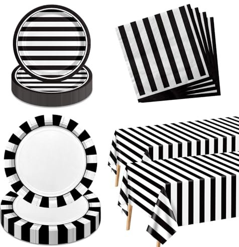 122 Pezzi in Bianco E Nero A Righe Forniture Per Feste Con Piatti Di Carta Tovaglioli Tovaglia A Righe in Bianco E Nero Per Compleanno Matrimonio Laurea Halloween Baby Shower Serve 40