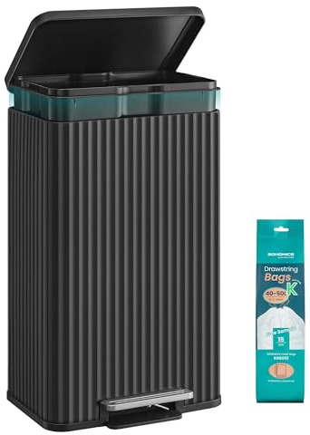 SONGMICS Kökskorg, 13 gallon (50 L) avfallsbehållare med pedal, mjukt stängande lock och avtagbar inre hink, stål, 15 papperspåsar (kod K) ingår, bläcksvart LTB586BZ02